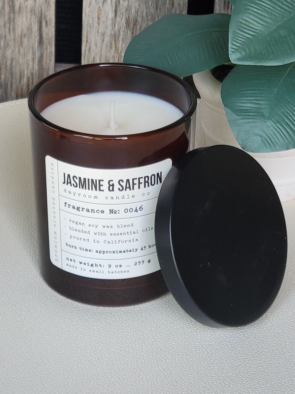 Jasmine & Saffron Soy Candle in Amber Glass by Leoben